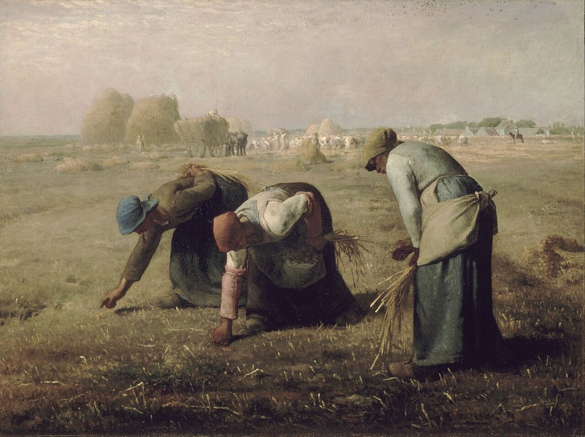밀레 〈이삭 줍는 여인들〉(1857, 같은 오르세 미술관) — 추수 뒤 떨어진 이삭을 줍는 사람들. 이삭을 남겨 두라는 율법(레위기 19:9–10)과 룻기를 떠올리게 합니다.