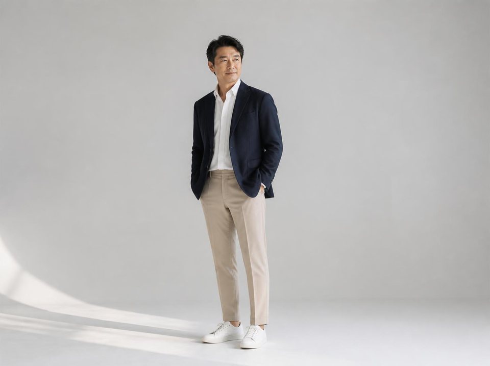 네이비 재킷 + 베이지 치노
